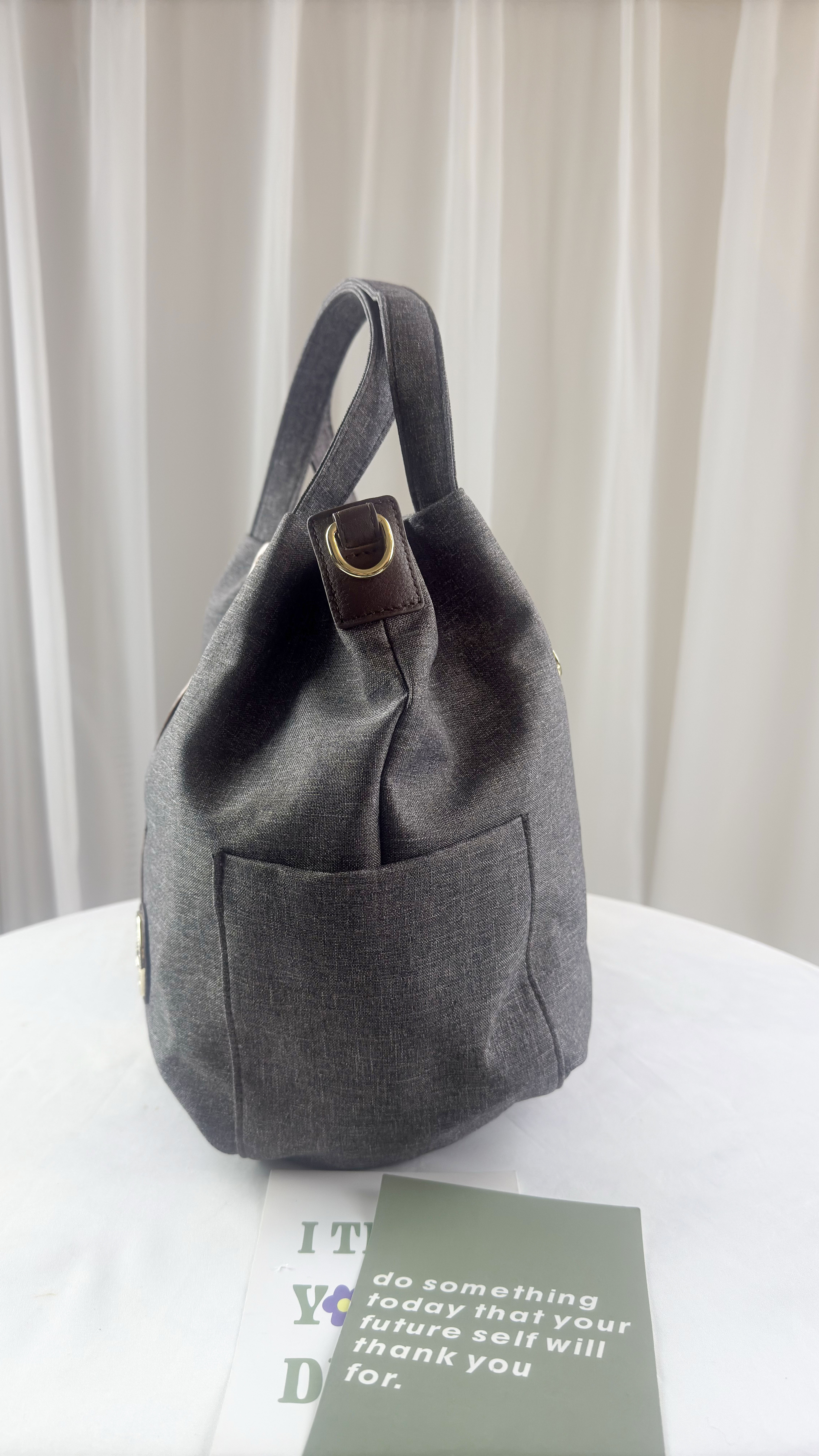 FamilyBear 織帶灰配咖防潑水手提包 / 側背包 附小熊吊飾  #2568