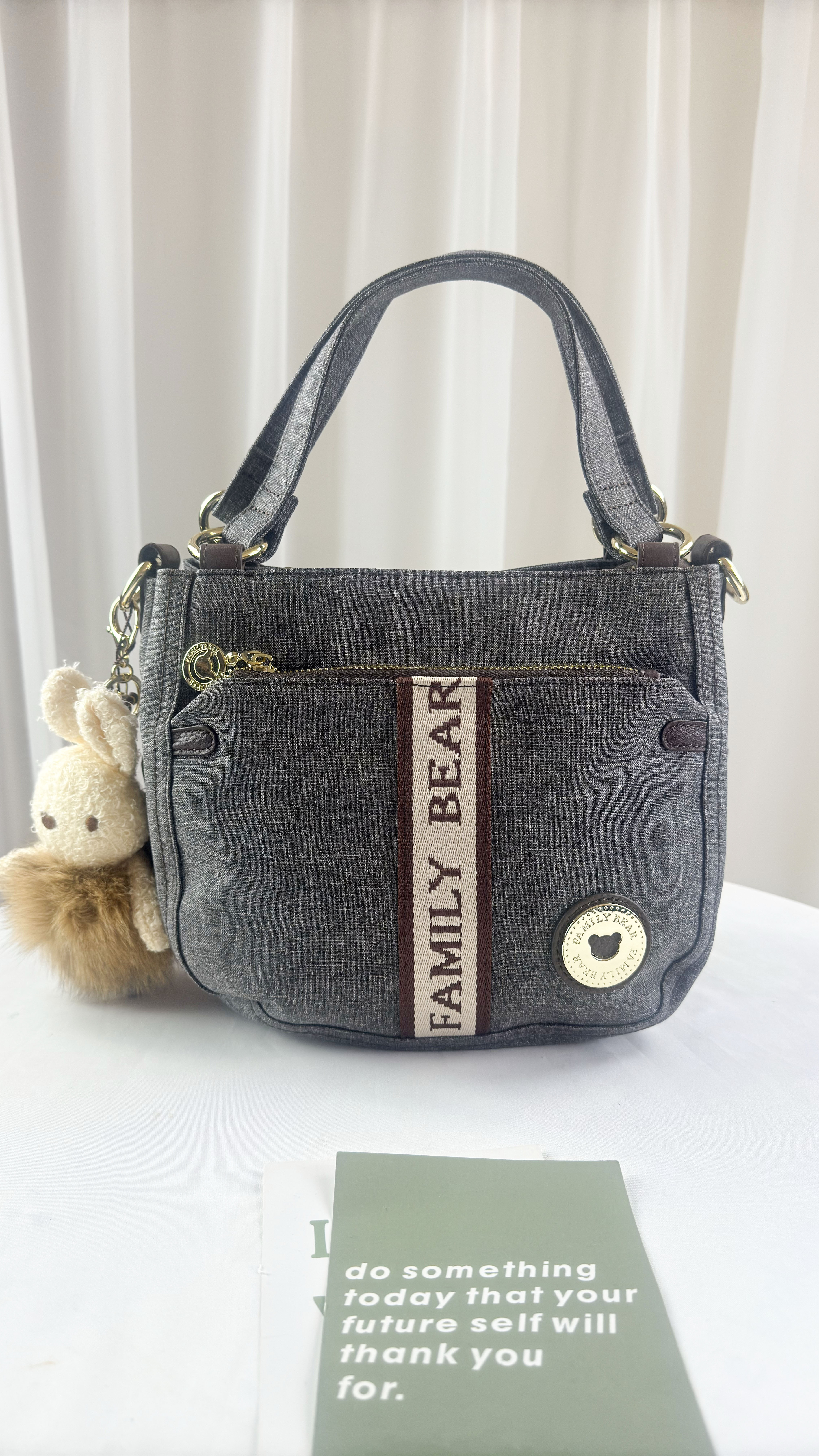 FamilyBear 織帶灰配咖防潑水手提包 / 側背包 附小熊吊飾 #2527