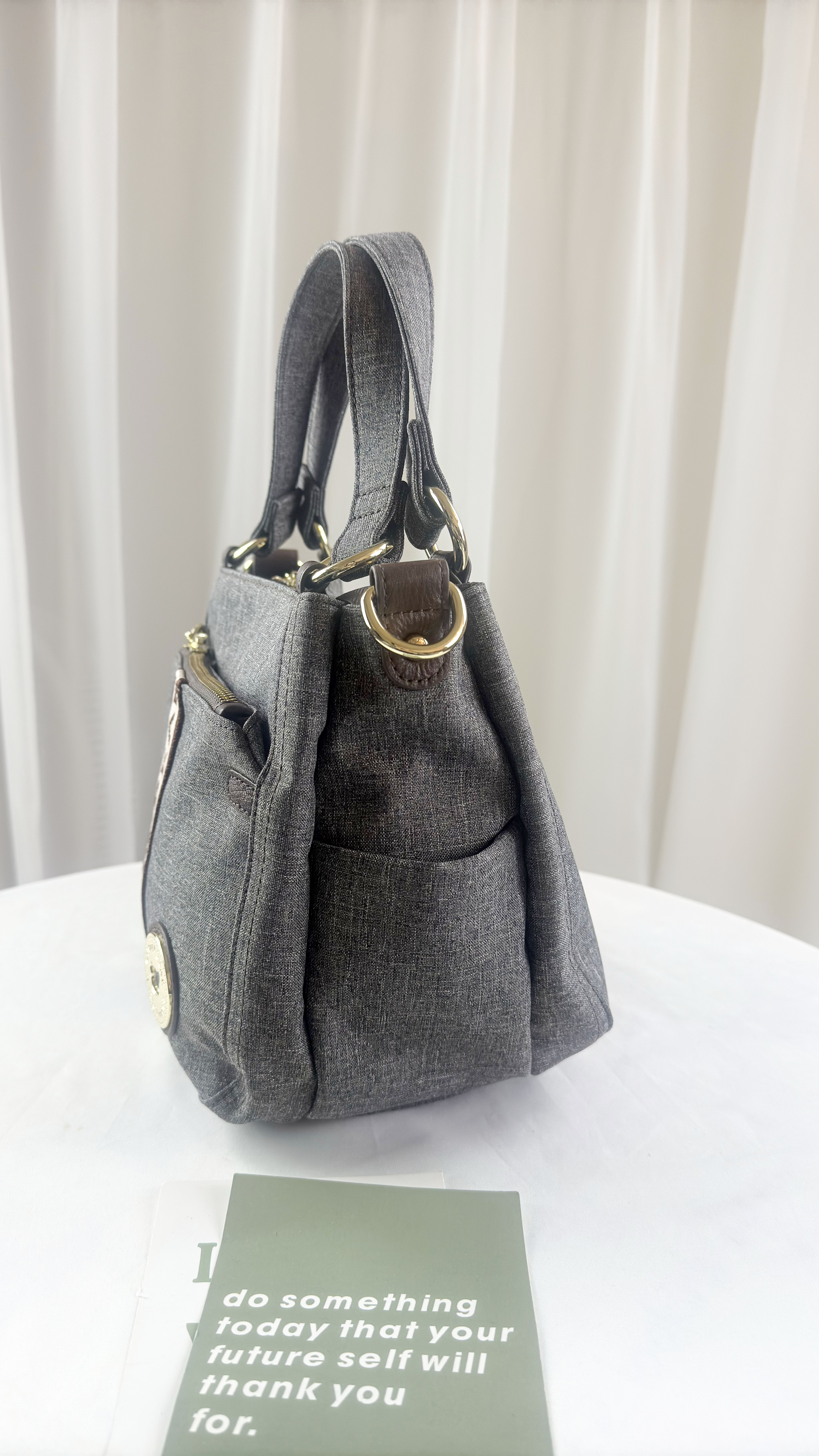 FamilyBear 織帶灰配咖防潑水手提包 / 側背包 附小熊吊飾 #2527