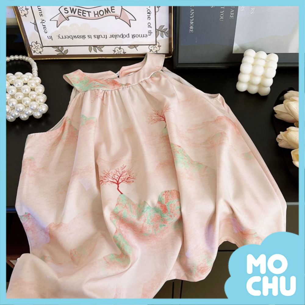 削肩小洋裝-水墨畫樹