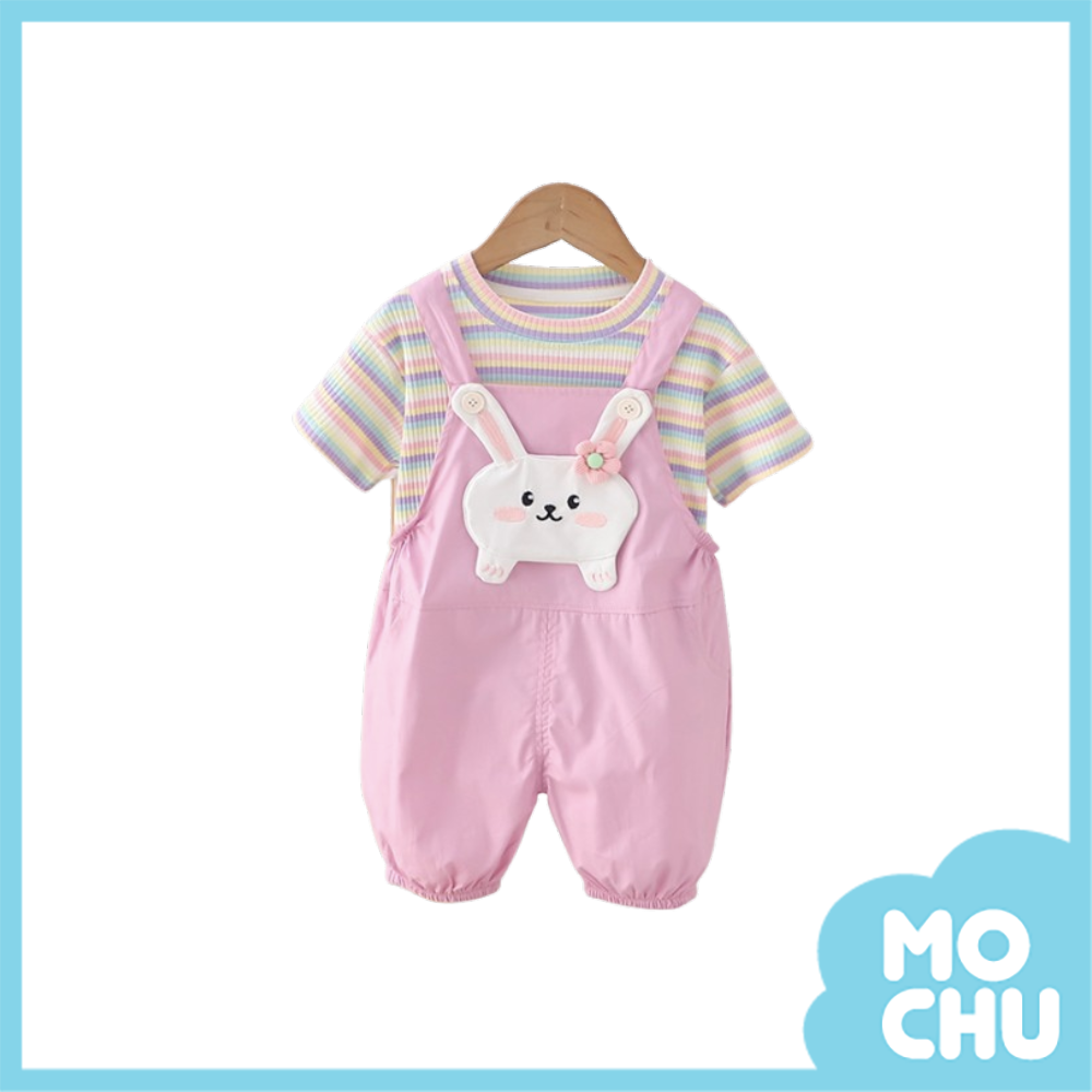 粉彩花朵兔吊帶褲套裝(二色)