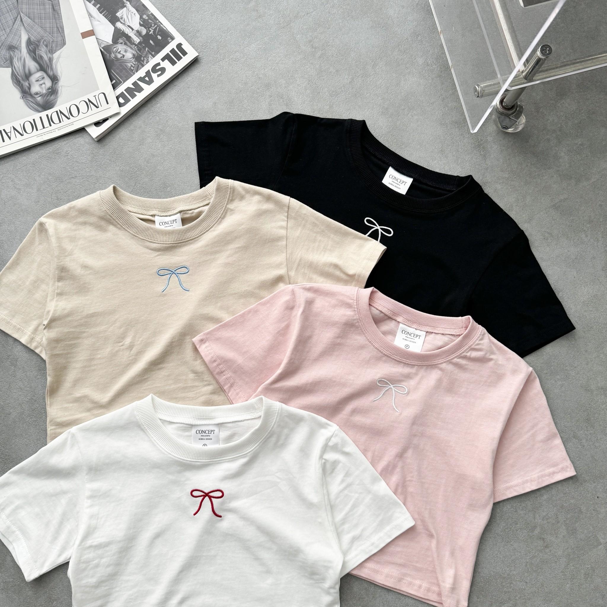 韓國短袖 蝴蝶結刺繡短版合身短T 80626