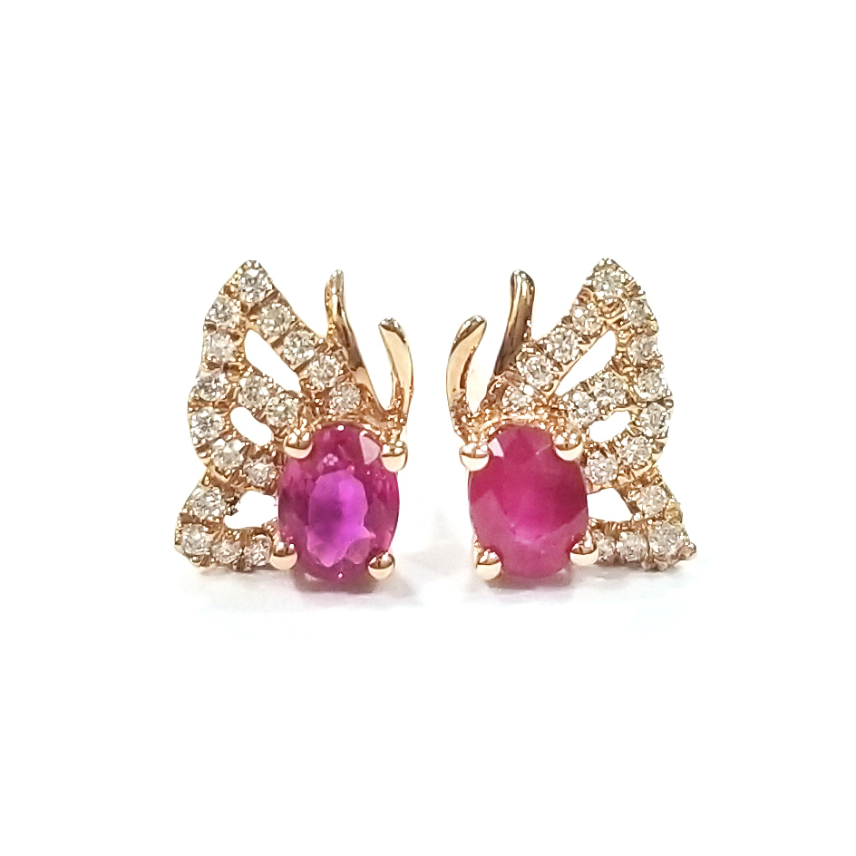 18K玫瑰金橢圓形紅寶石天然鑽石耳環