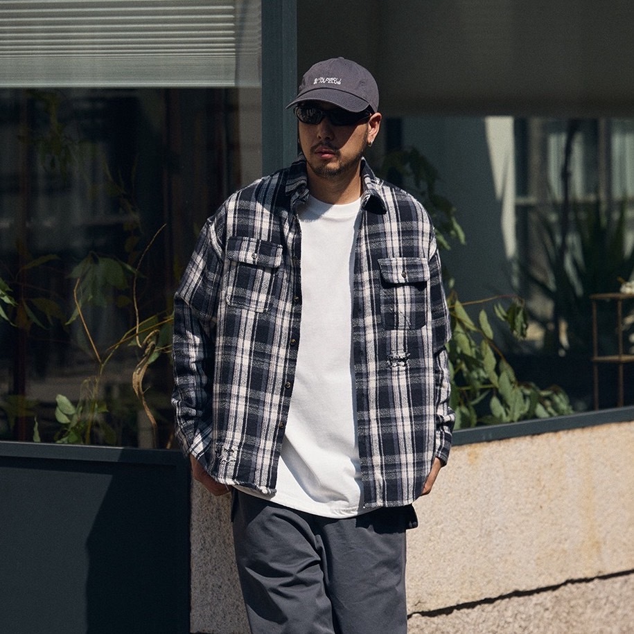 水洗復古大格紋長袖襯衫