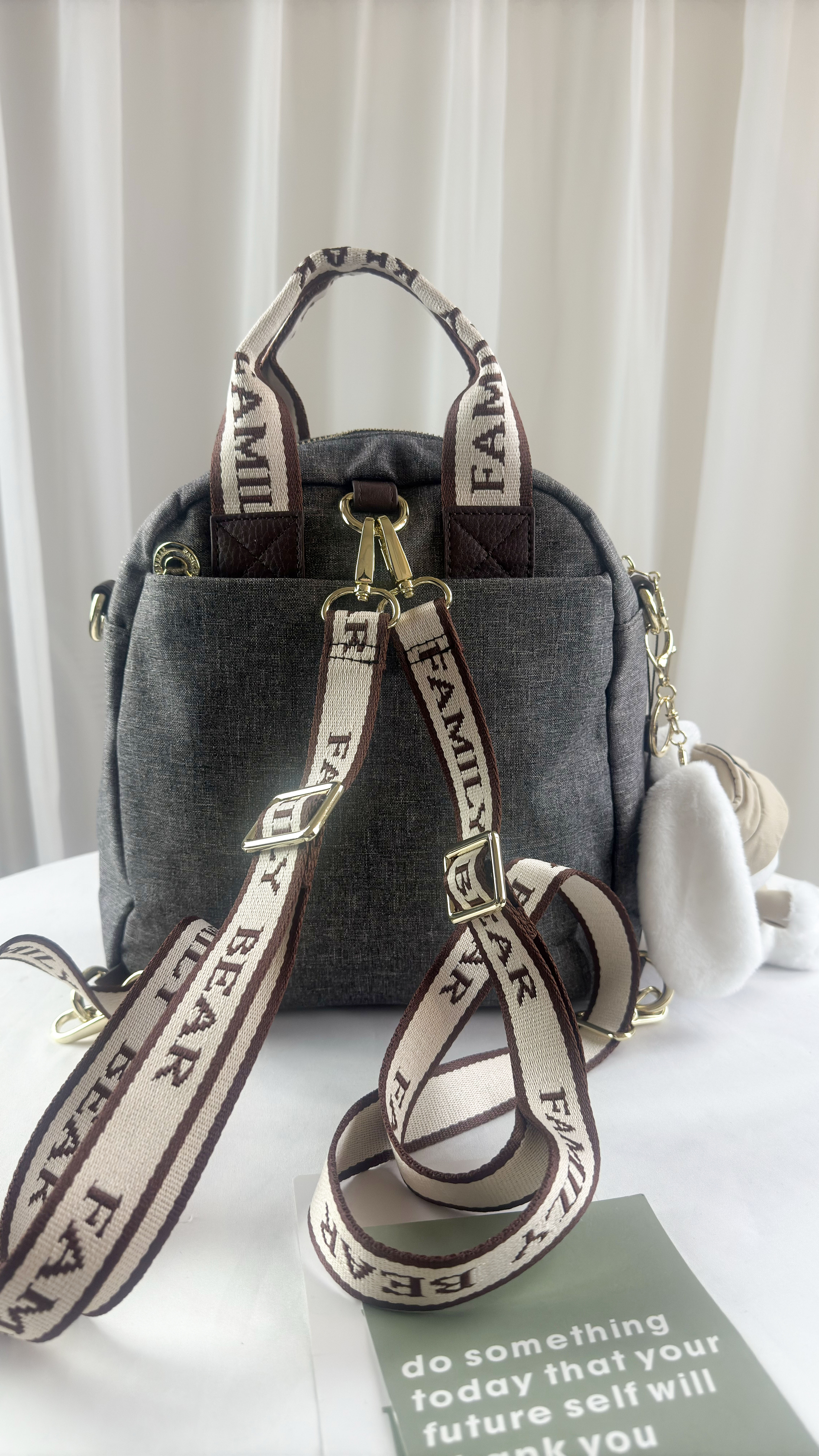 FamilyBear 織帶灰配咖防潑水三用後背包 / 側背包 / 手提包  附小熊吊飾  #2750