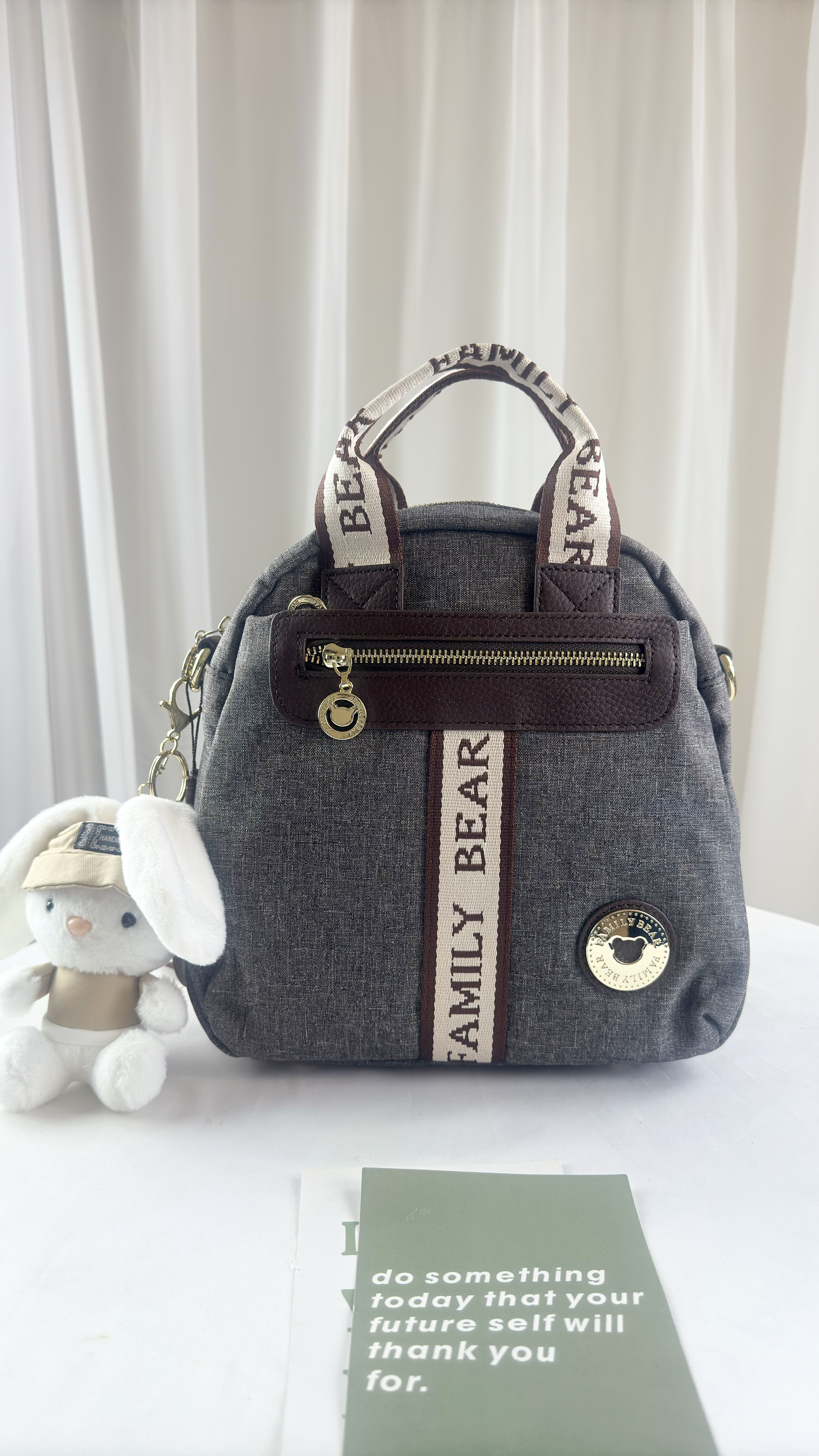 FamilyBear 織帶灰配咖防潑水三用後背包 / 側背包 / 手提包  附小熊吊飾  #2750