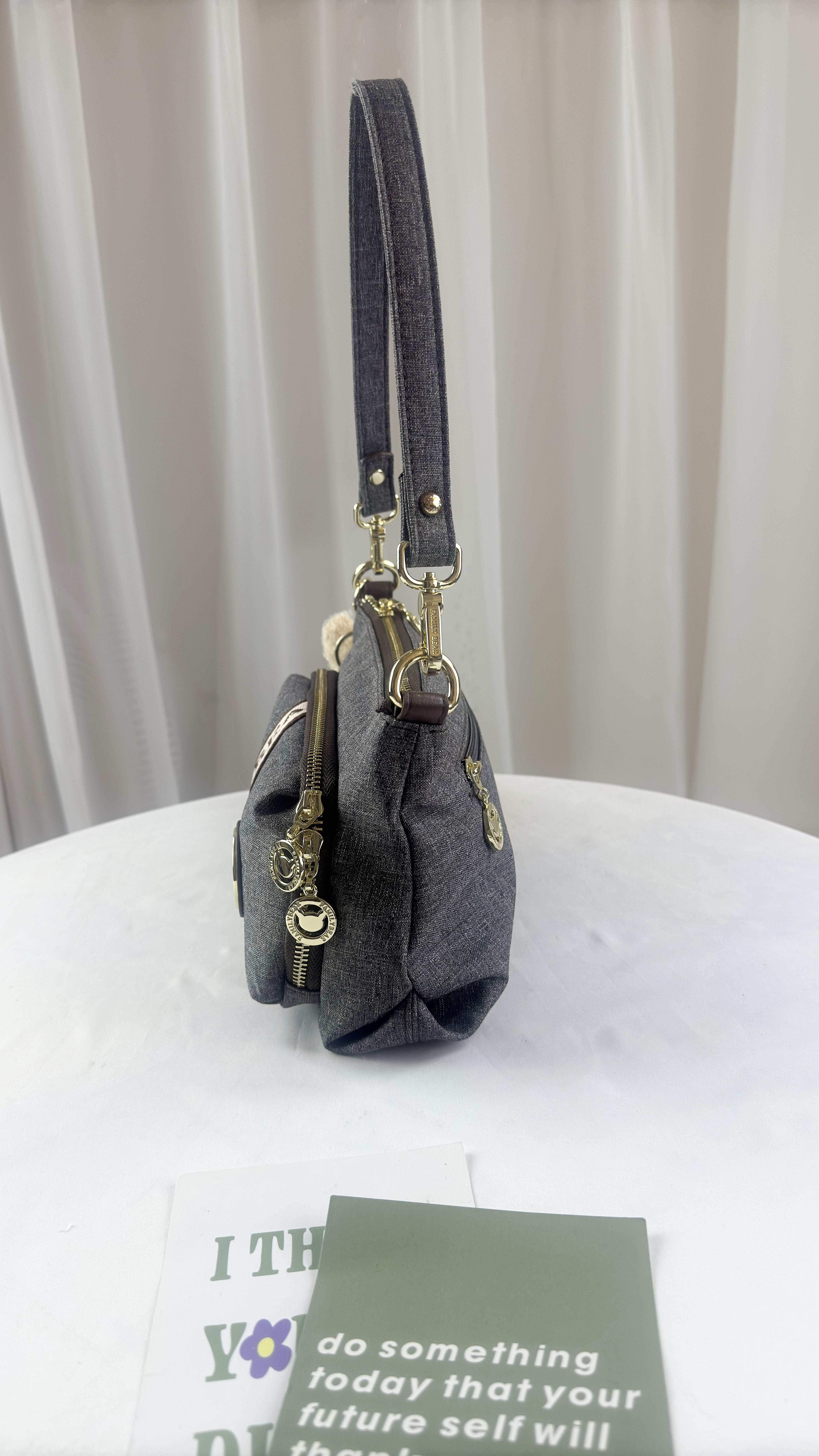 FamilyBear 織帶灰配咖防潑水肩背包 / 側背包 附小熊吊飾 #2813