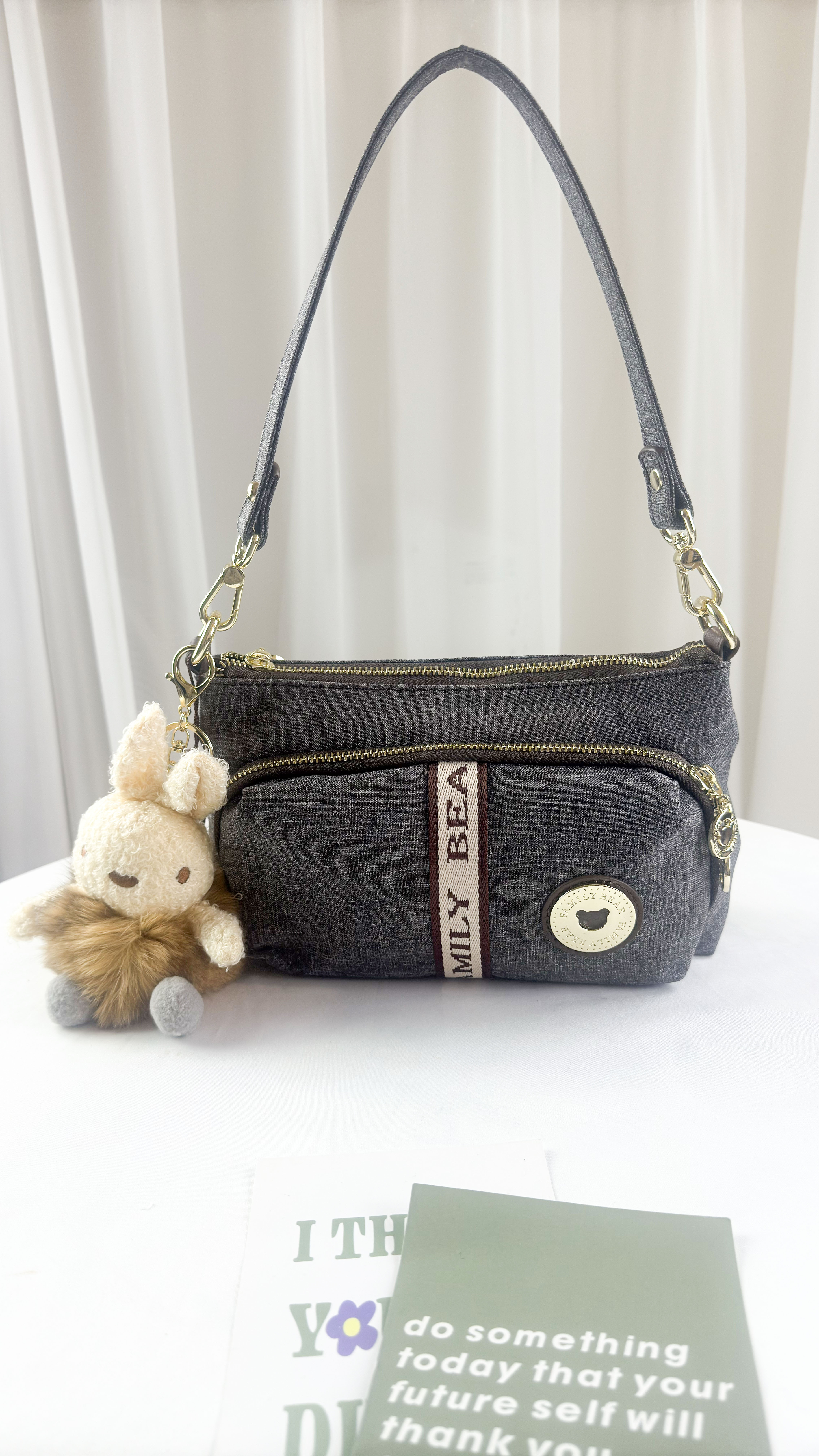 FamilyBear 織帶灰配咖防潑水肩背包 / 側背包 附小熊吊飾 #2813