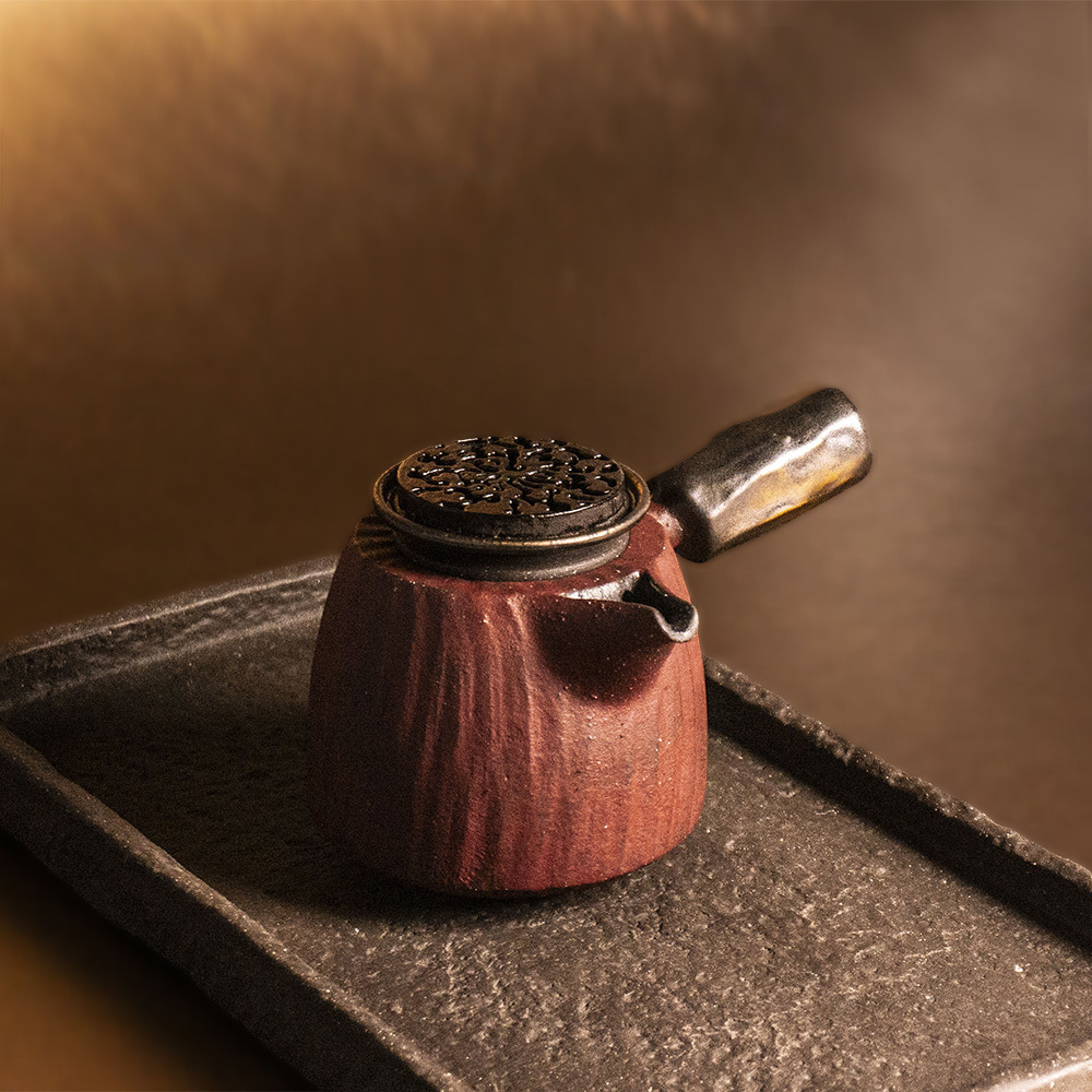 茶櫃　牡丹　　新品未使用 黑牡丹赤岩側把茶器