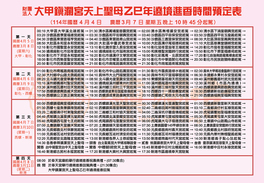 2025大甲媽祖遶境進香 去程預定時程表路線圖