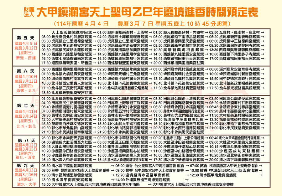 2025大甲媽祖遶境進香 回程預計行程表路線圖