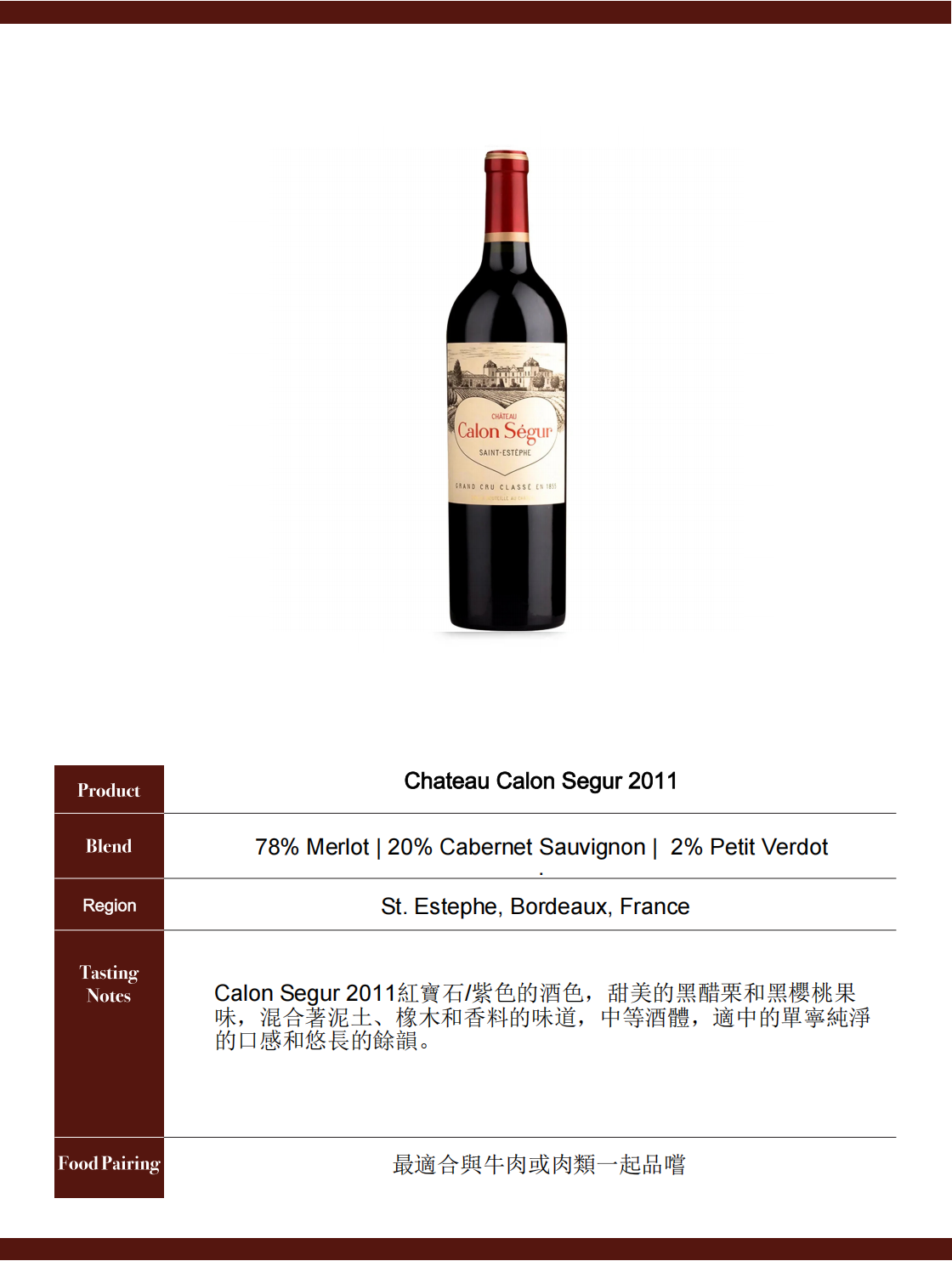 Chateau Calon Segur 卡隆世家 2011