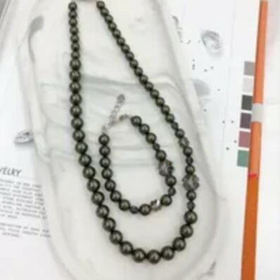 [S] GEMZ & CO RCS 1 SET NECKLACE & BRACELET,DARK GREEN PEARL/IRIDESCENT GREEN, NE-045/BR-045 (Z182)