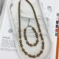 [S] GEMZ & CO RCS 1 SET NECKLACE & BRACELET,ANTIQUE BRASS PEARL/LIGHT COLORADO TOPAZ, NE-042/BR-042 (Z165)