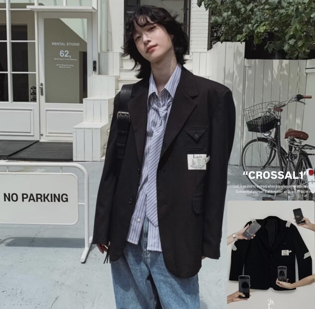 學院風貼標休閒翻領西裝外套