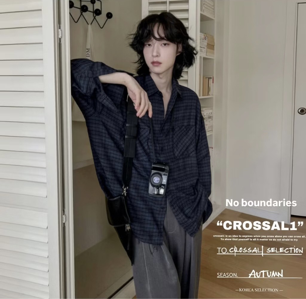 復古格紋休閒長袖襯衫