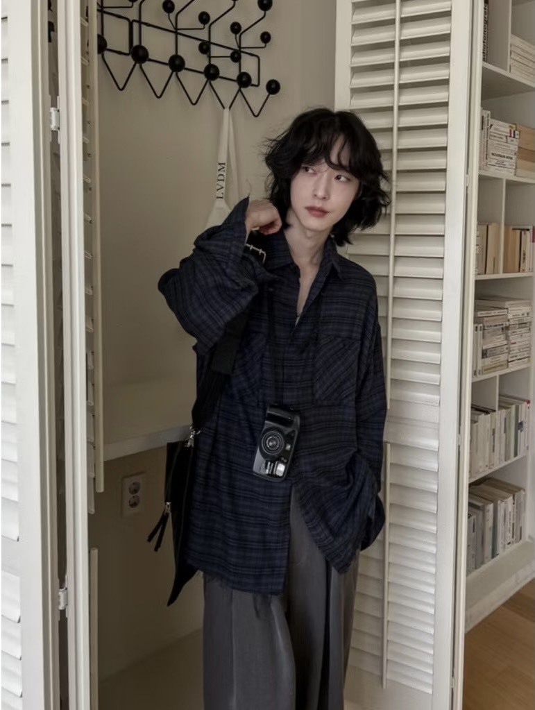 復古格紋休閒長袖襯衫