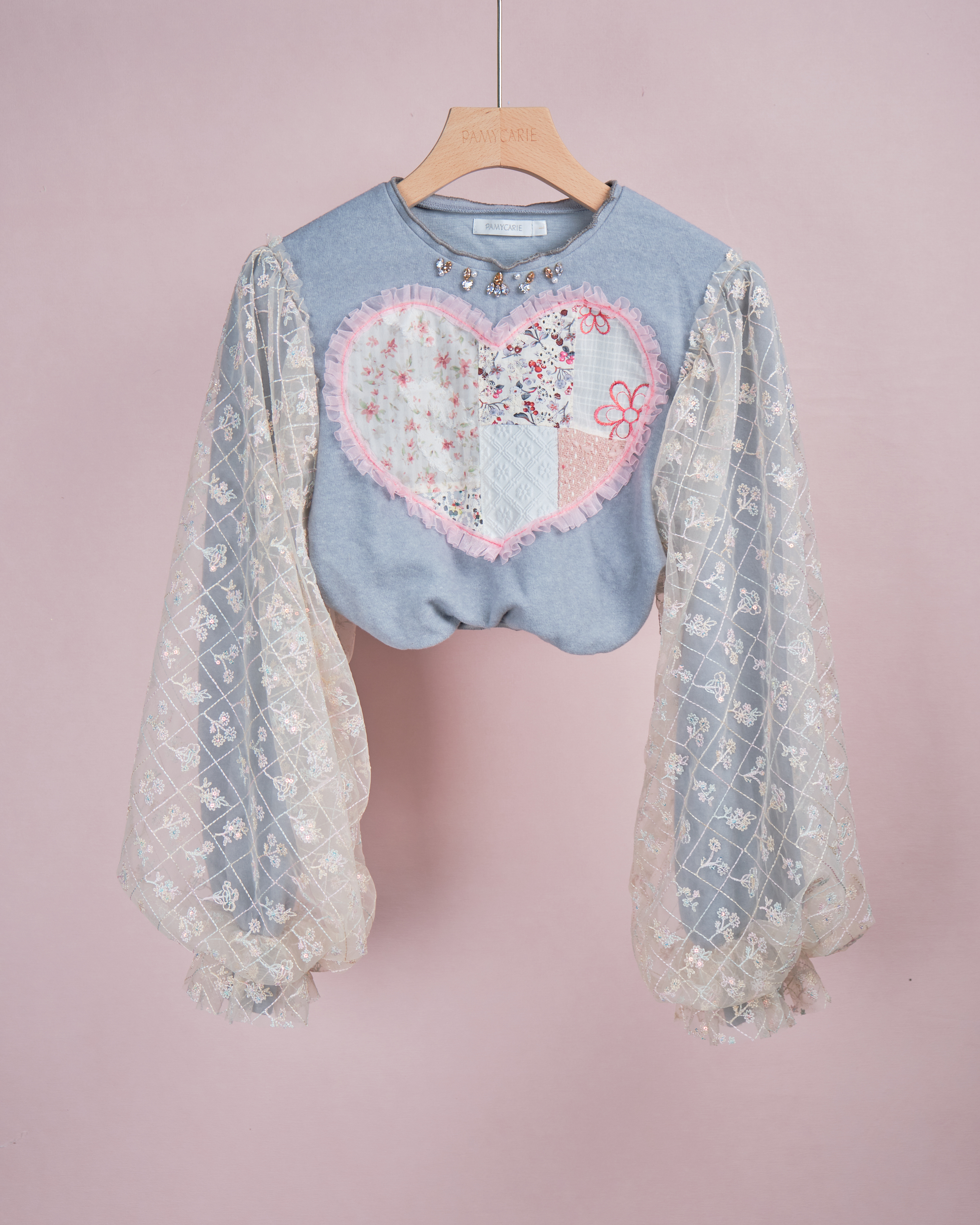 11955 Heart Shape Patchwork Puff Sleeves Cropped Top