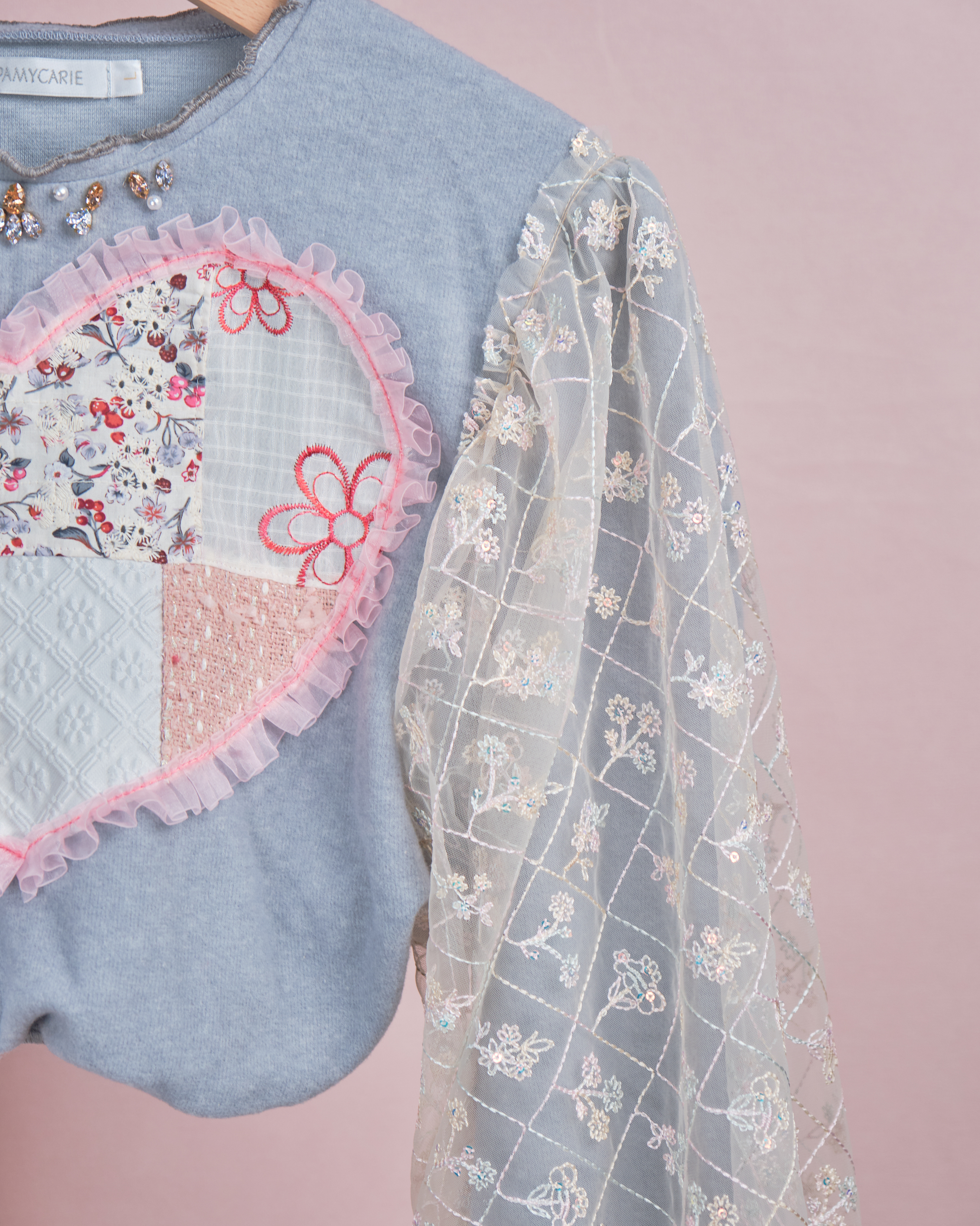 11955 Heart Shape Patchwork Puff Sleeves Cropped Top