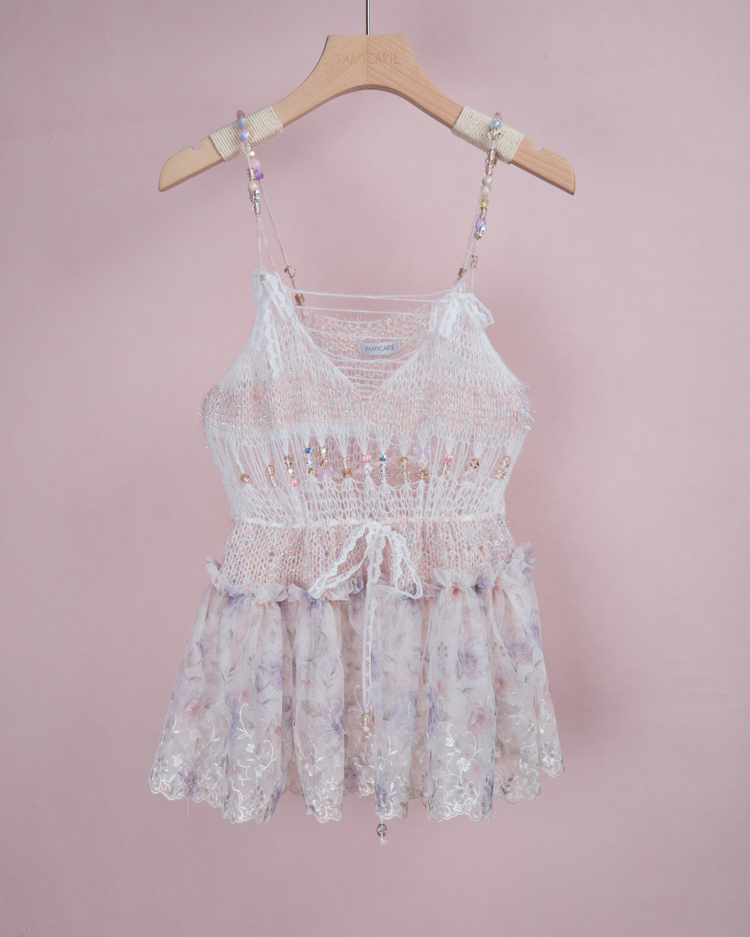 11960 全手製毛線穿珠拼接蕾絲小背心