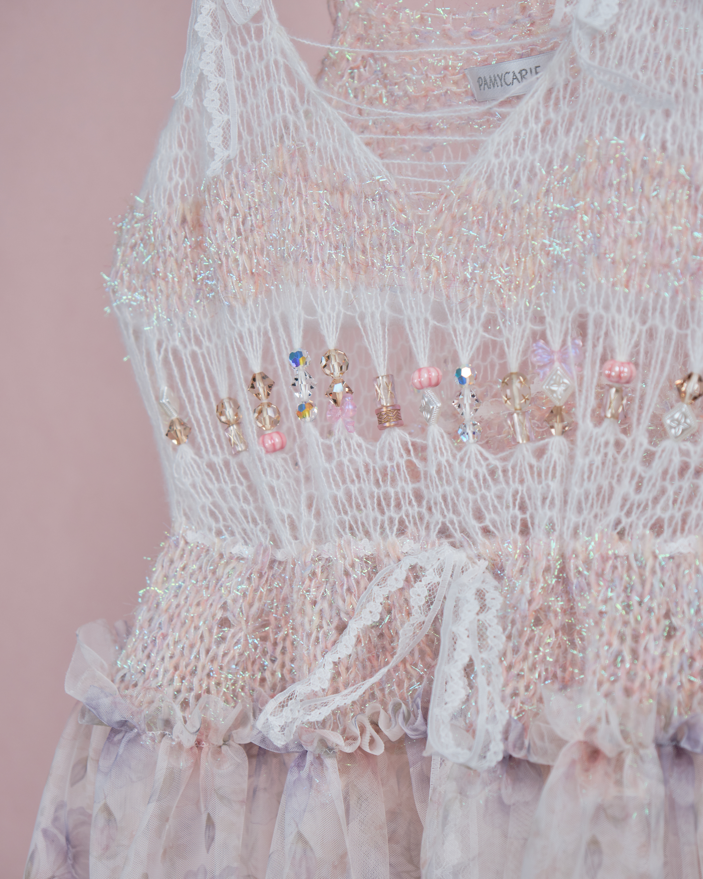 11960 全手製毛線穿珠拼接蕾絲小背心