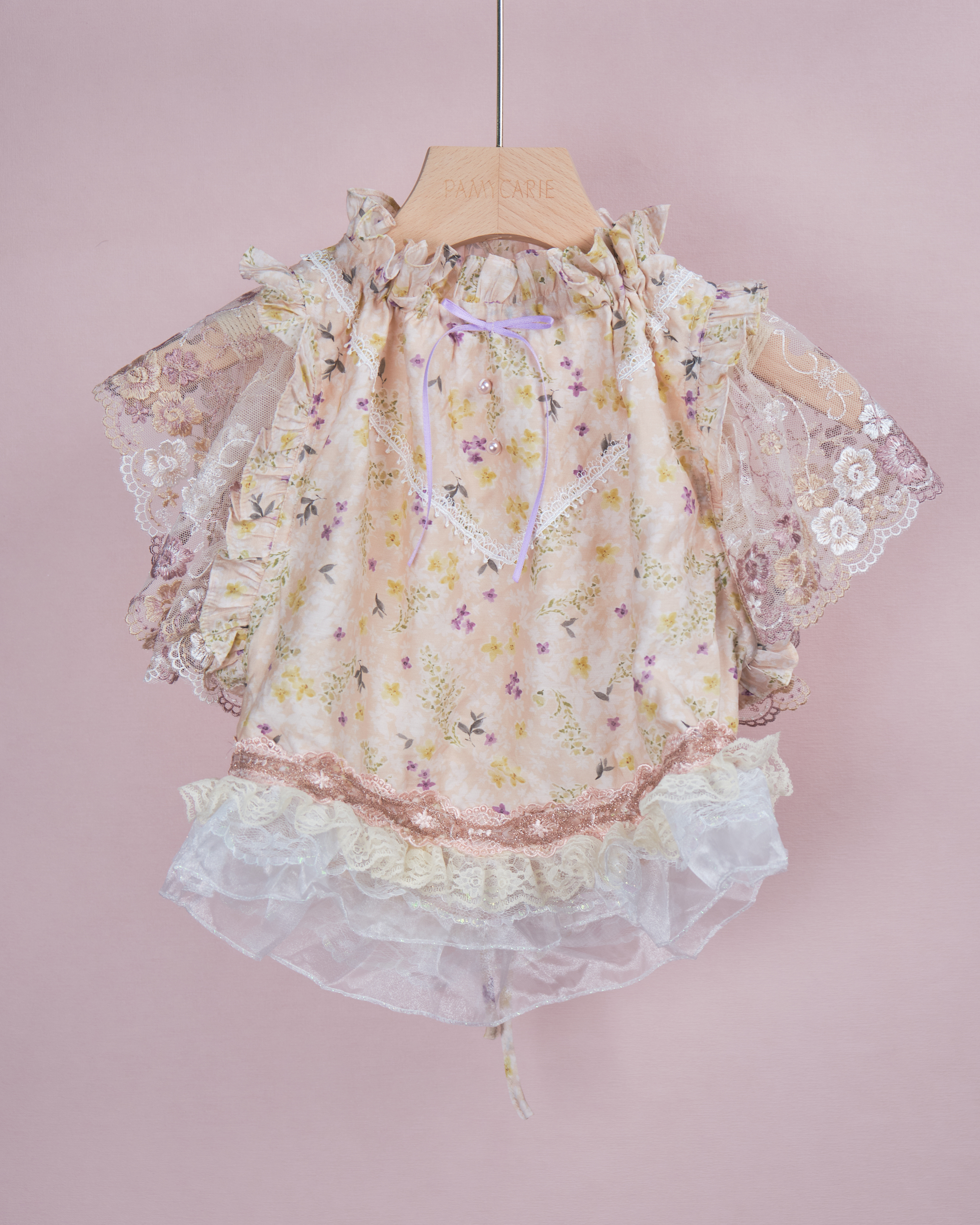 11966 薄櫻透紗小高領花邊短上衣別注版