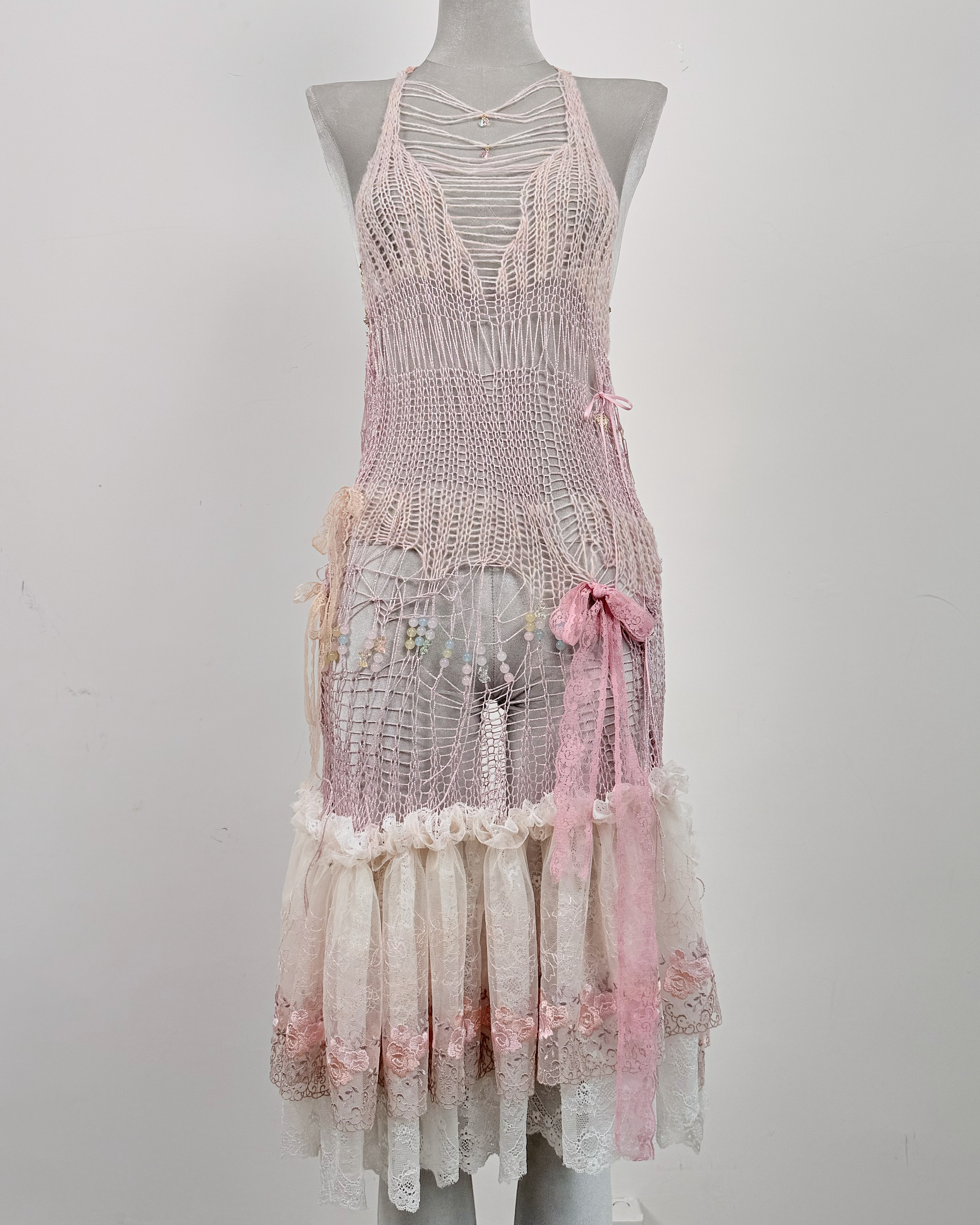 11981 全手製毛線穿珠拼接蕾絲小背心