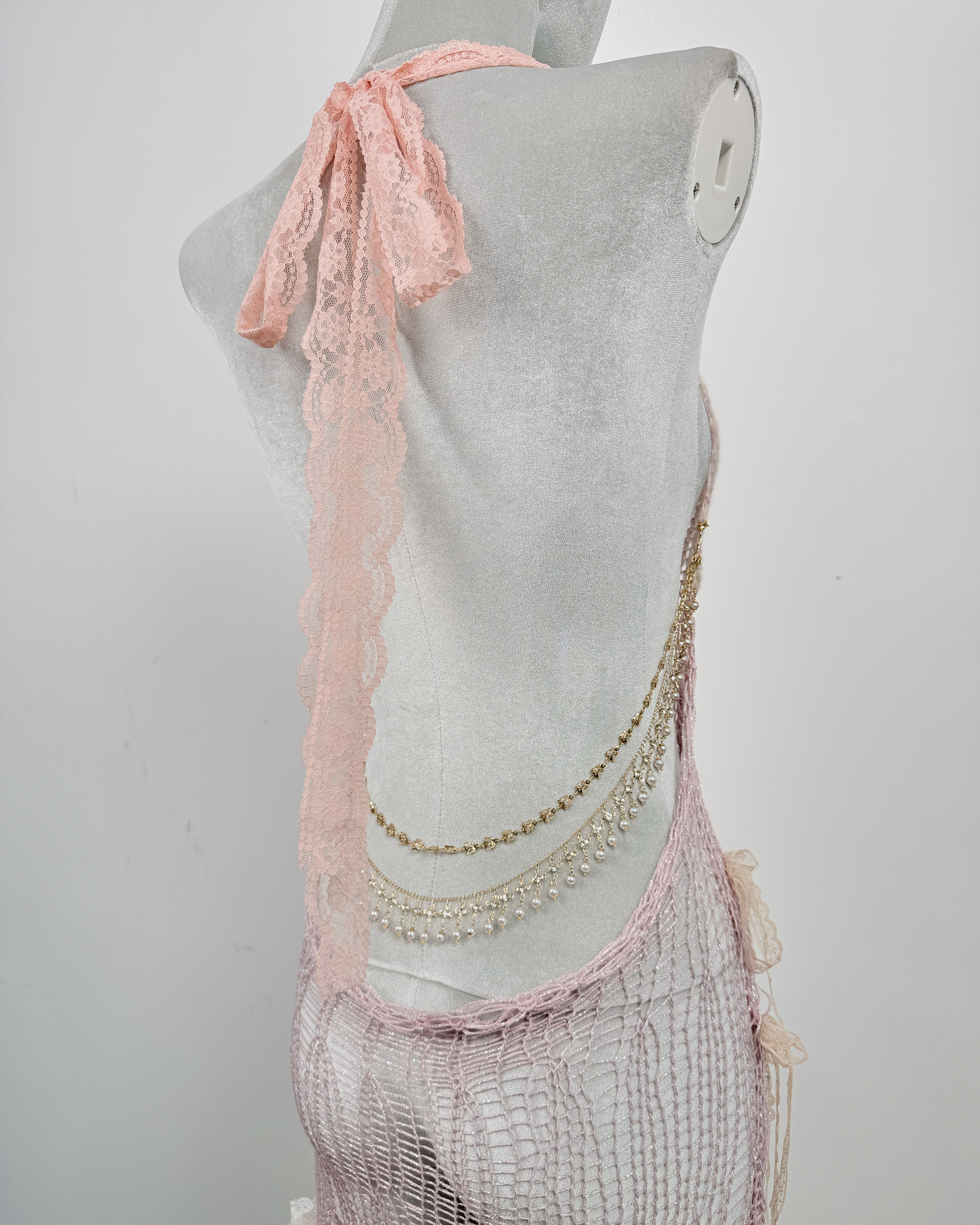 11981 全手製毛線穿珠拼接蕾絲小背心