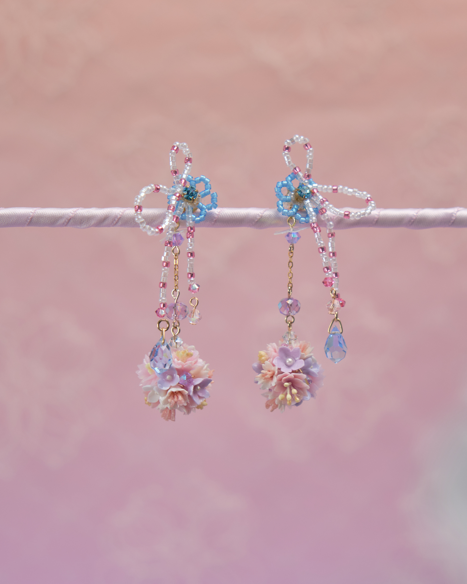 11817 珠珠蝴蝶結花球S925兩用耳環