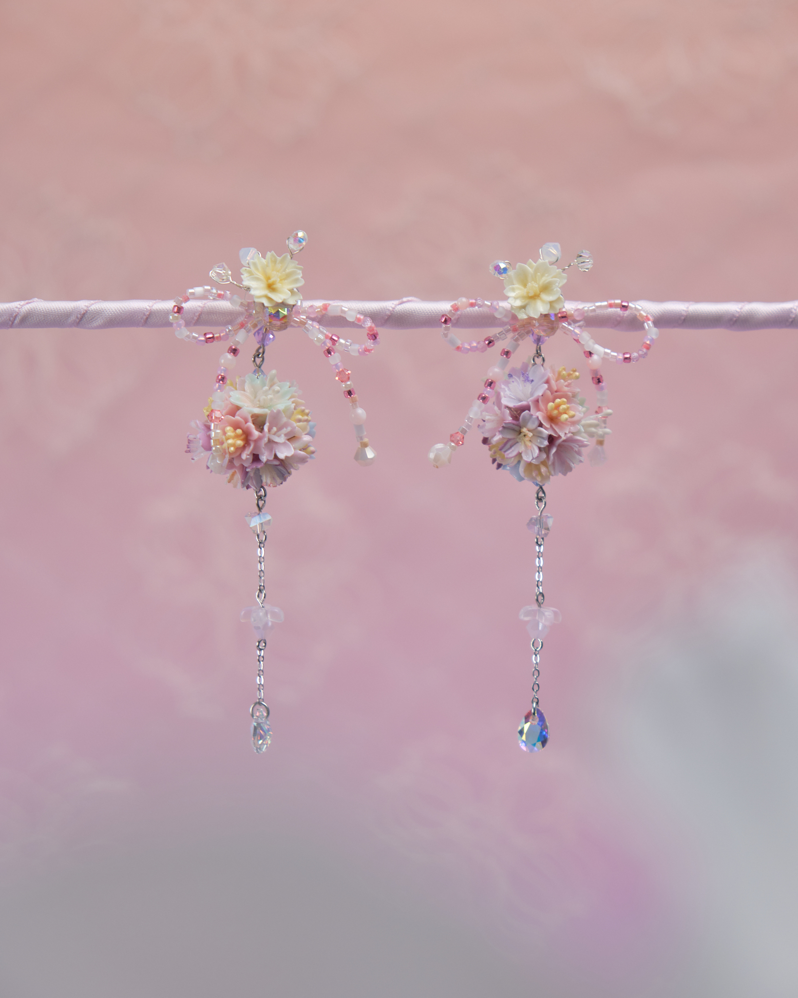 11819 Beaded Ribbon Bouquet S925 2-Way Earrings