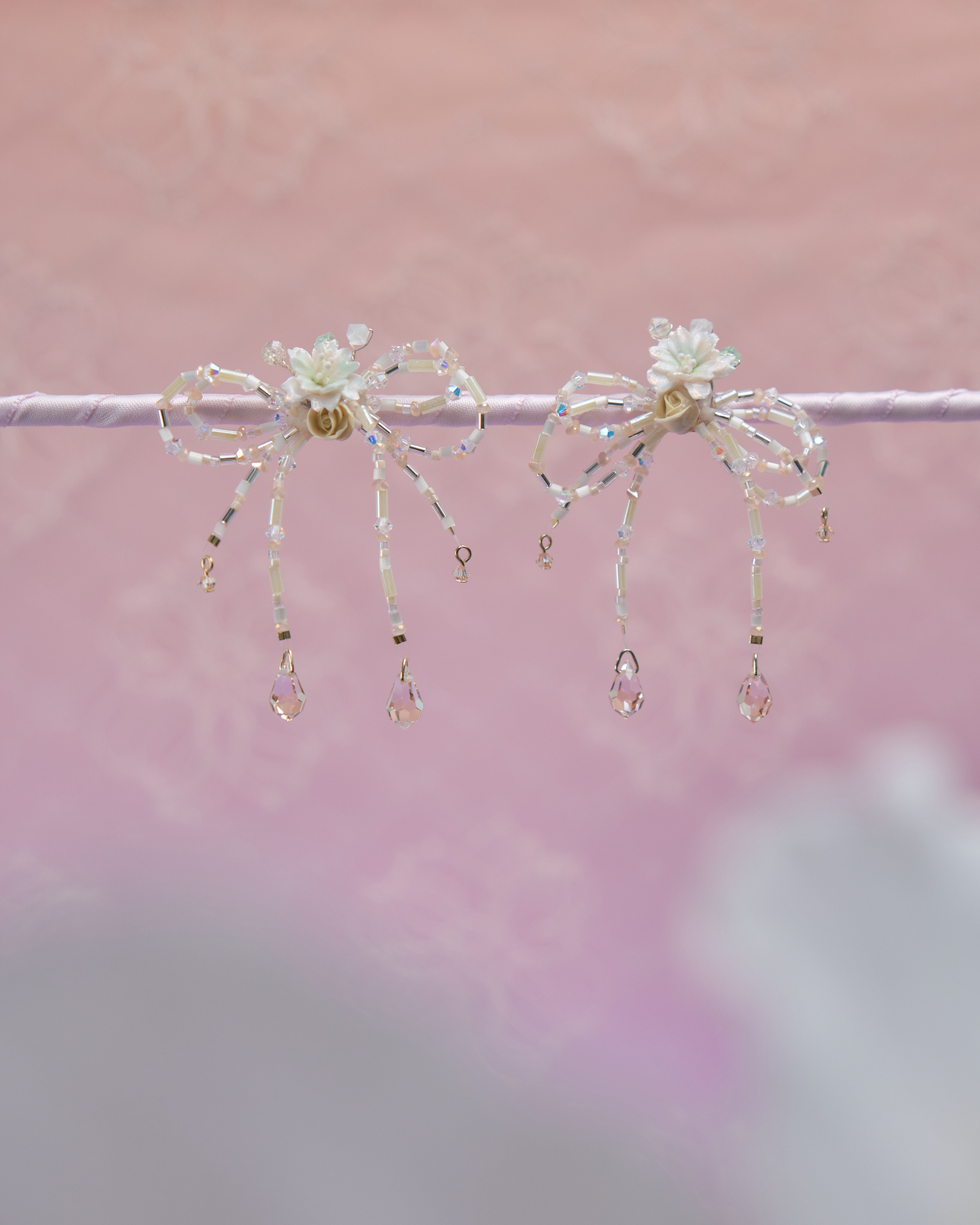 11818 珠珠蝴蝶結花球S925兩用耳環