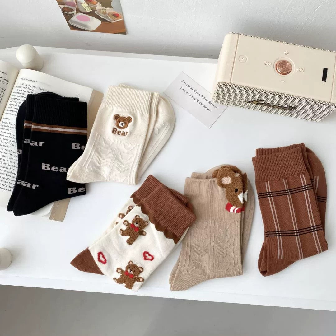 [3 PAIRS RM10] Embroidered Teddy Bear Breathable Mid-Calf Socks