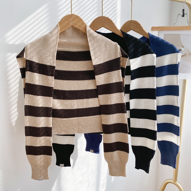 寬條紋綁帶式針織披肩 三色