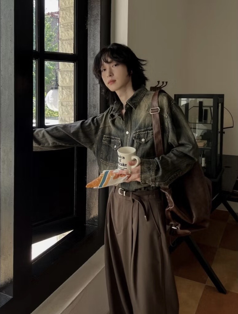 做舊復古牛仔長袖襯衫