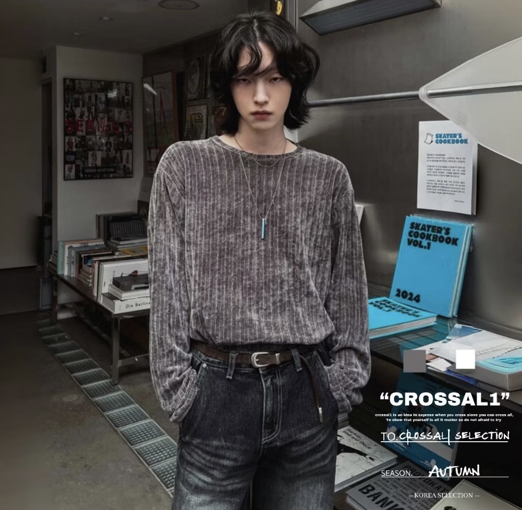 法蘭絨坑條針織素面長袖上衣