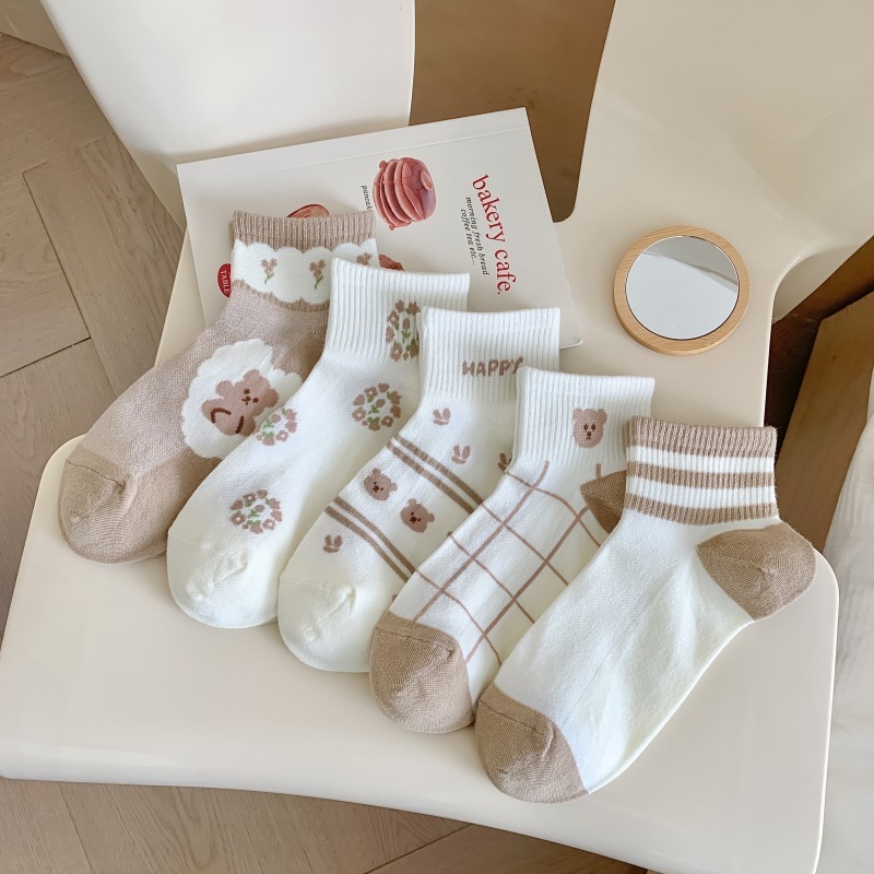 [3 Pairs RM10] Spring & Summer Plaid Teddy Bear Ankle Socks