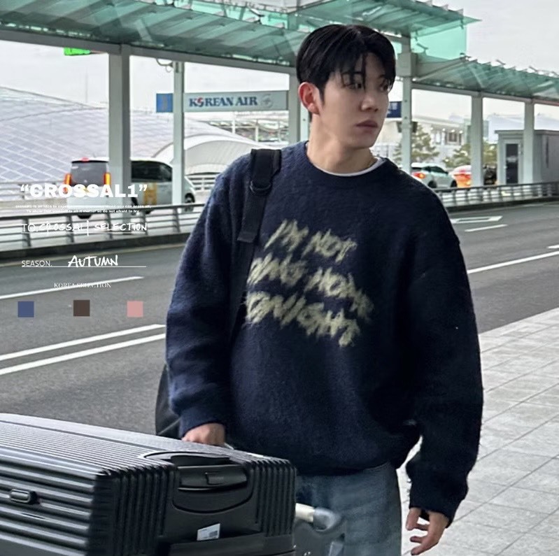 字母設計海馬毛圓領毛衣