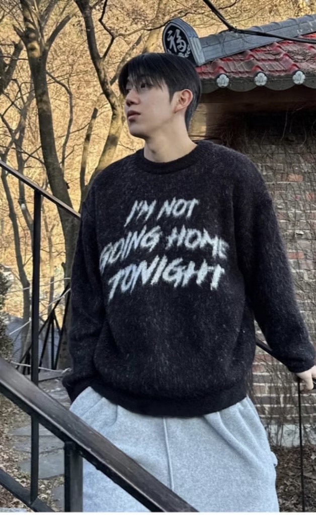 字母設計海馬毛圓領毛衣