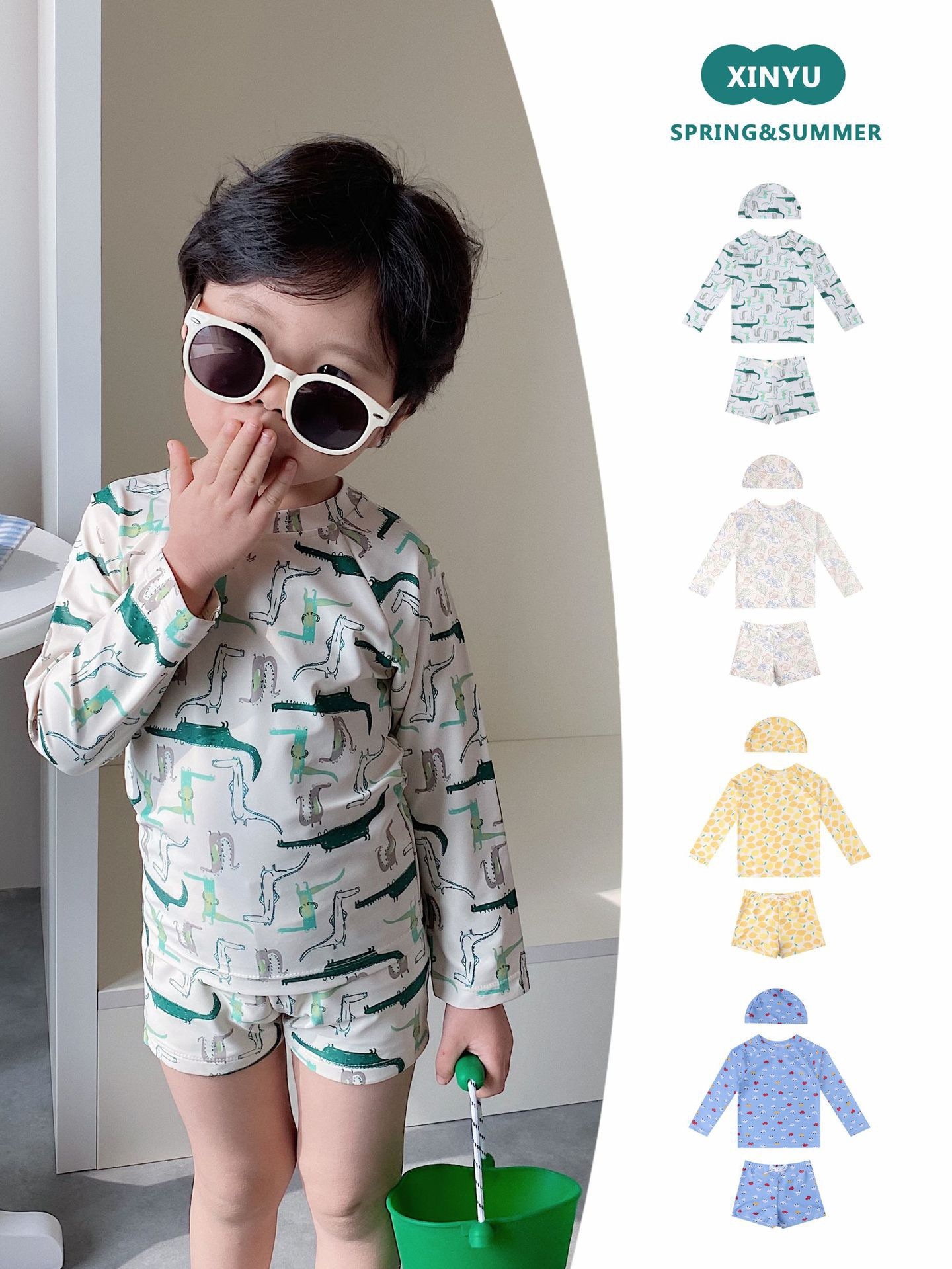 2025夏季四色滿版童趣防曬泳衣