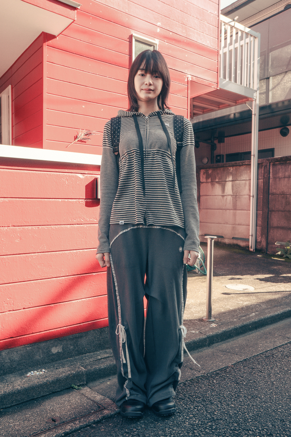 HUG YOUR SKIN) Stripe babydoll hoodie zip-up - 2col