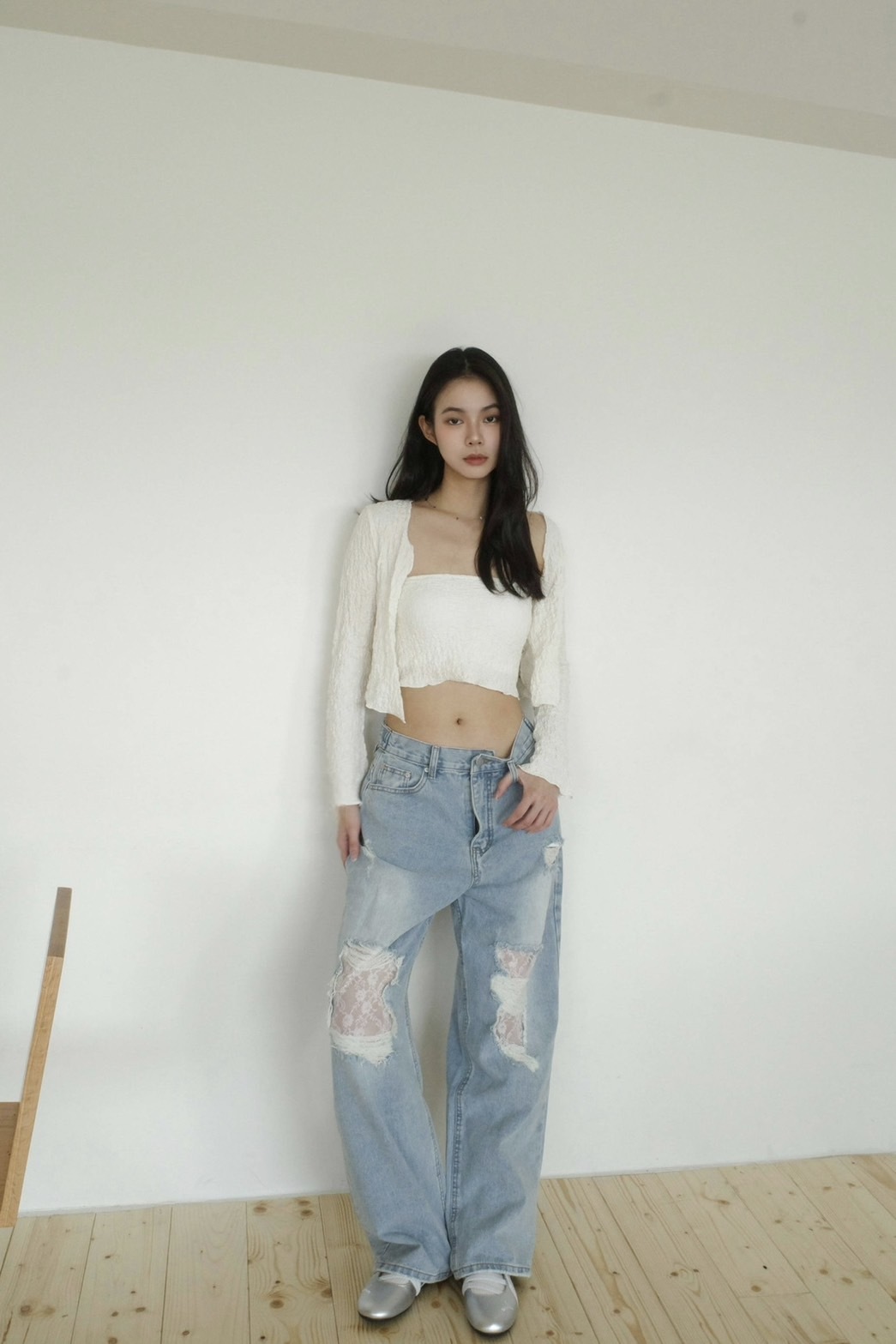 <女裝現貨💗> MA18 蕾絲拼接刮破高腰牛仔寬褲 一色