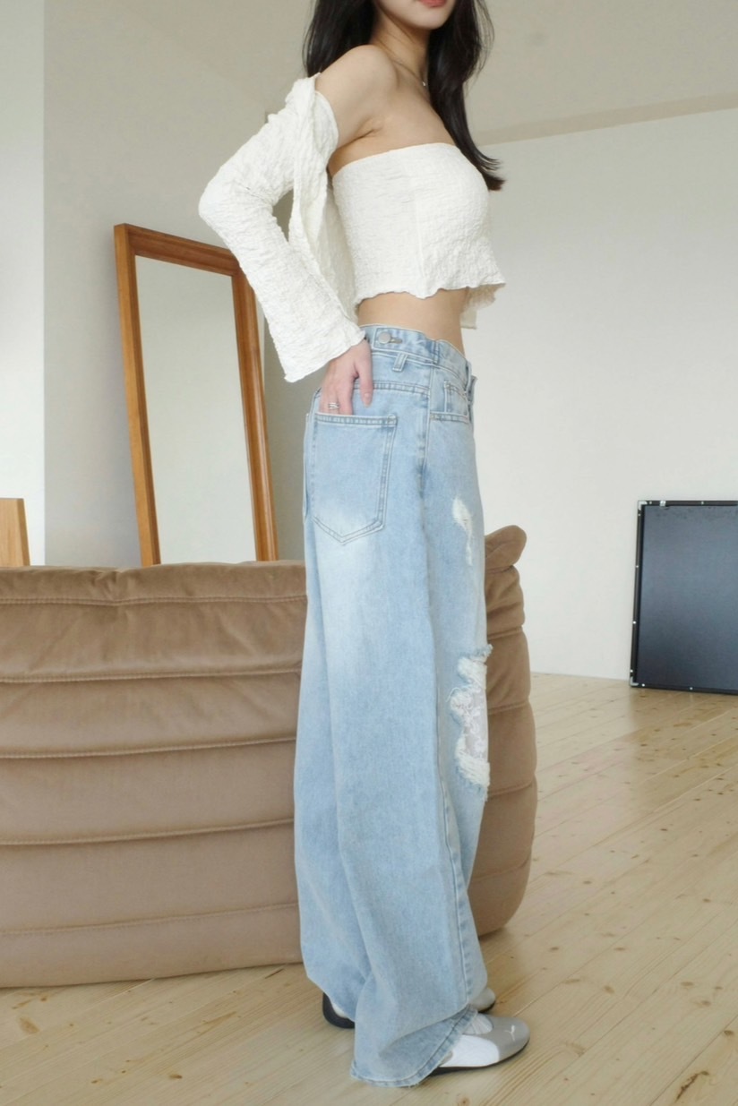 <女裝現貨💗> MA18 蕾絲拼接刮破高腰牛仔寬褲 一色