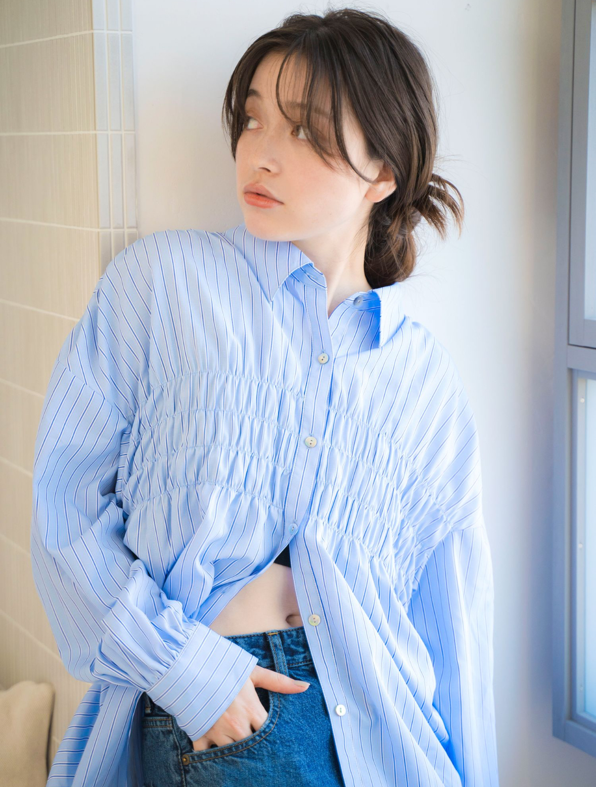 Ungrid  サイドギャザーシャーリングデザインシャツ藍（1125104116）