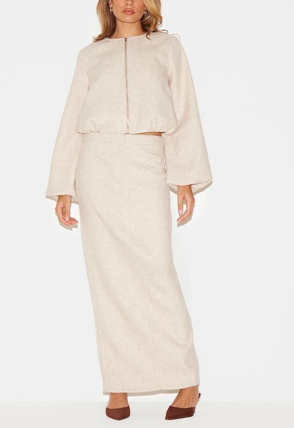 Cream White奶油白色壓縮針織 Bomber夾克外套+高腰長裙套裝