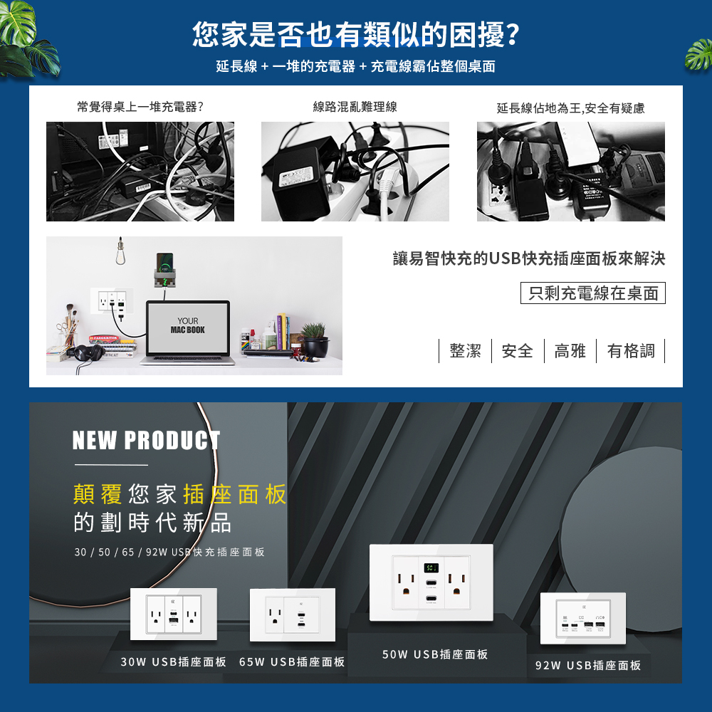 易智快充插座面板 - 高功率USB快充，解決桌面雜亂，提升安全與效率，平替國際牌 Panasonic Risna