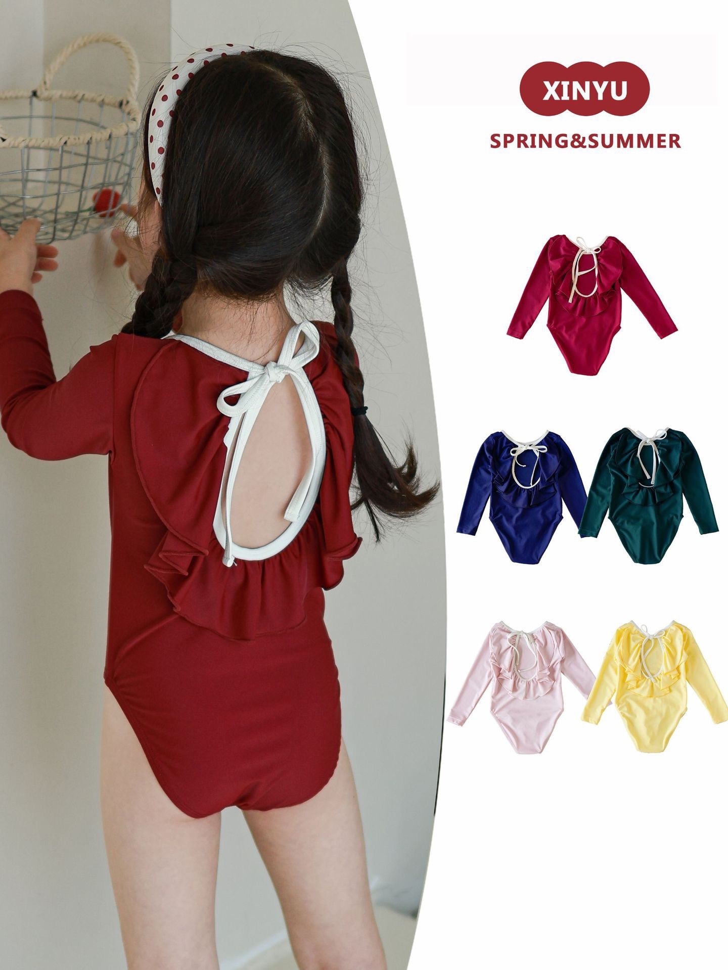 2025夏季花邊素色露背防曬泳衣