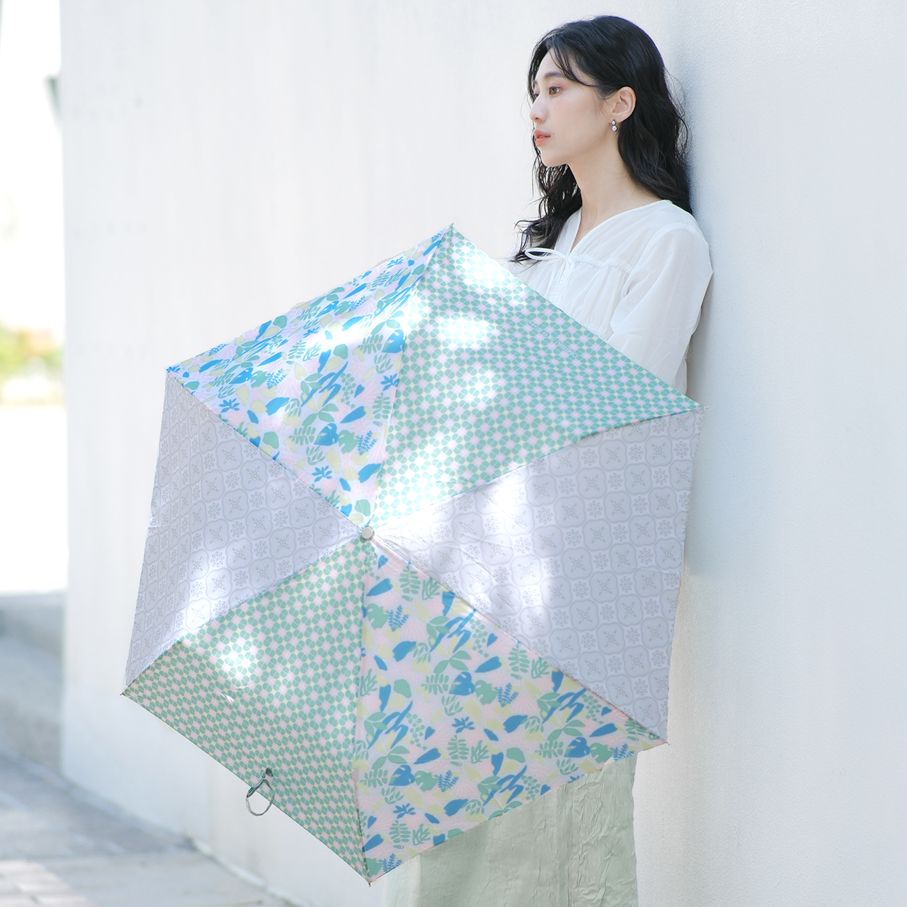 Titanium Light Folding Auto Umbrella/inblooom x OMBRA/Patch Patterns/Mint Green