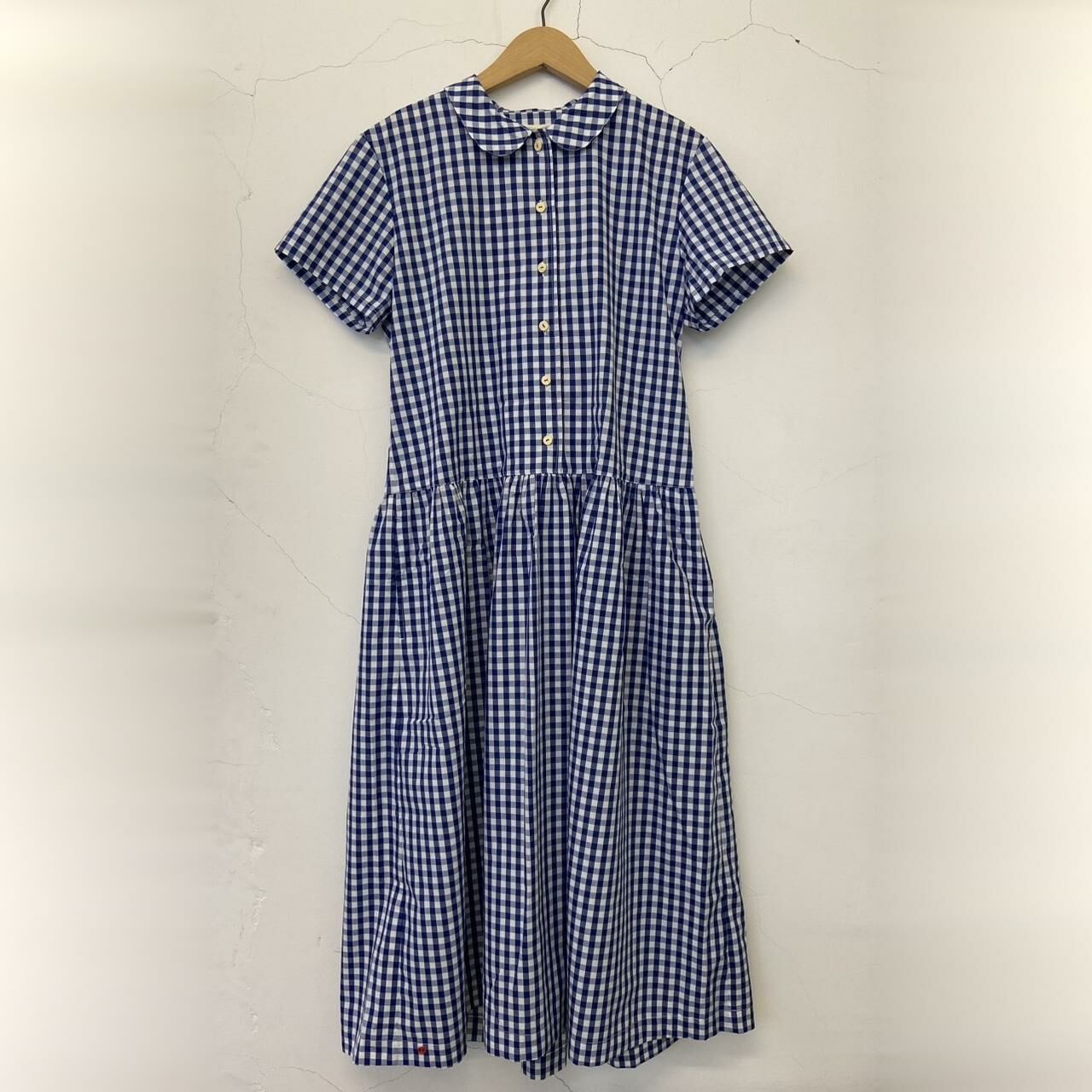 小圓領短袖襯衫長洋裝 藍格紋