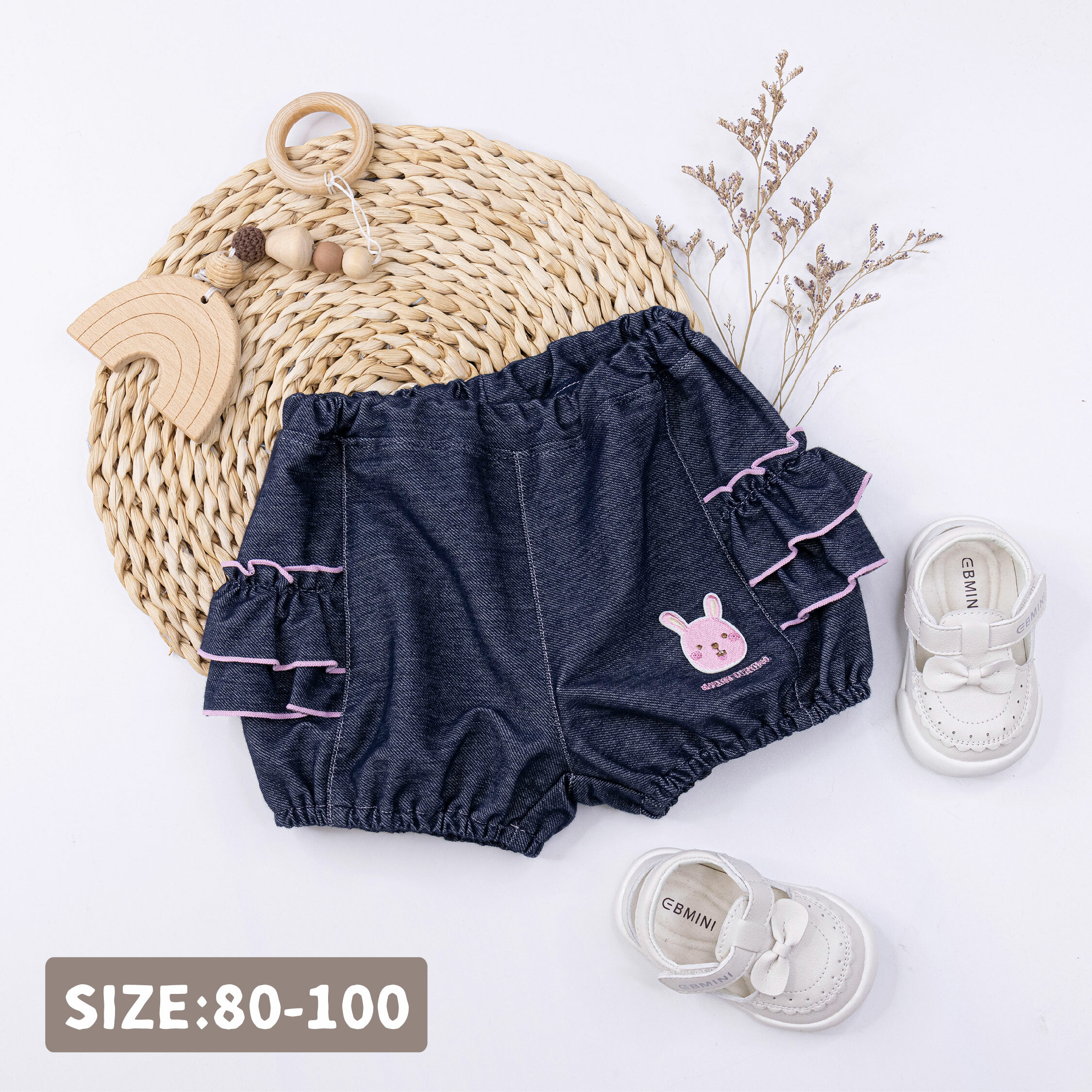 范侖鐵諾【32057】開心刺繡小兔荷葉拼接短褲