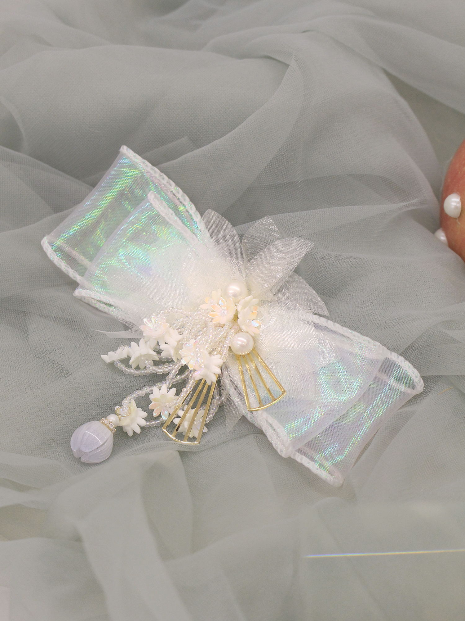 莉莉預知夢。MUCHAT手作14KGP透紗珠花蝶結髮夾/彈夾